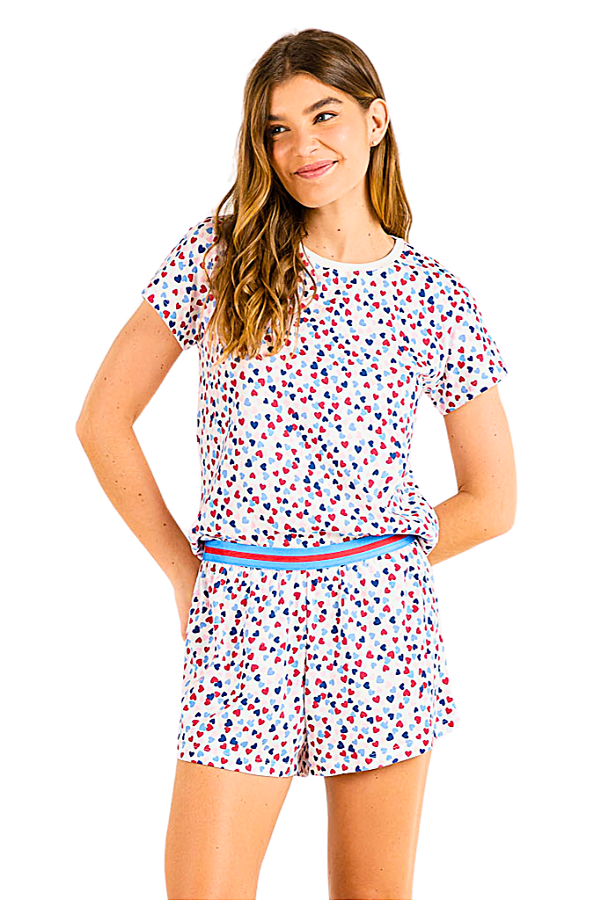 Shortdoll Adulto Manga Curta Mini Corações Vermelho e Azul Cor Com Amor