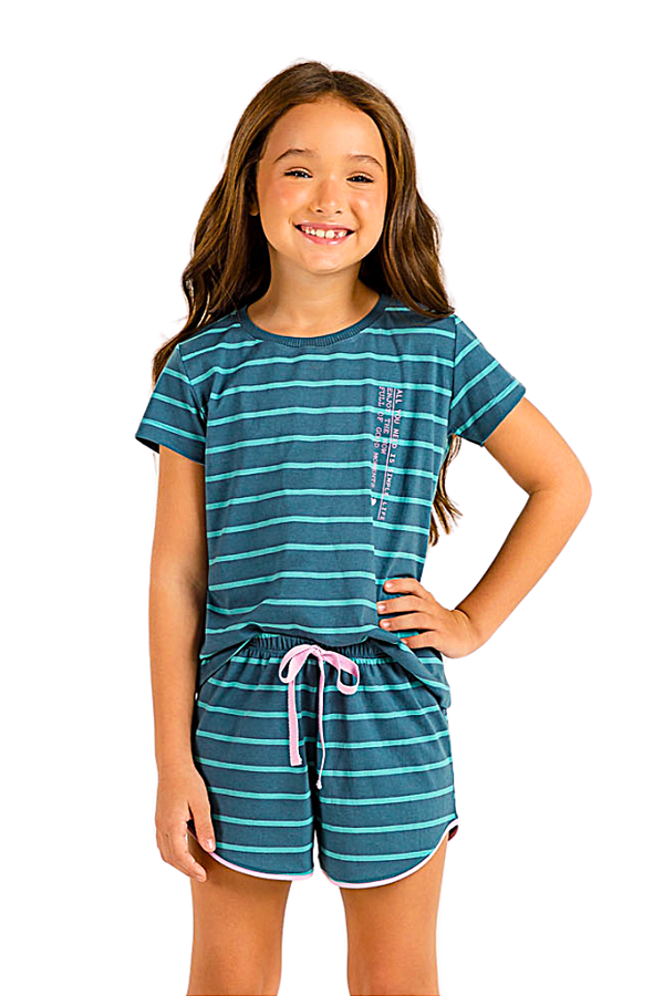 Pijama Infantil Feminino Manga Curta Verde Água Listrado Cor Com Amor
