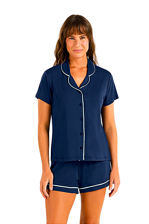 Pijama Camisaria Manga Curta Azul Marinho com Verde Água Cor Com Amor
