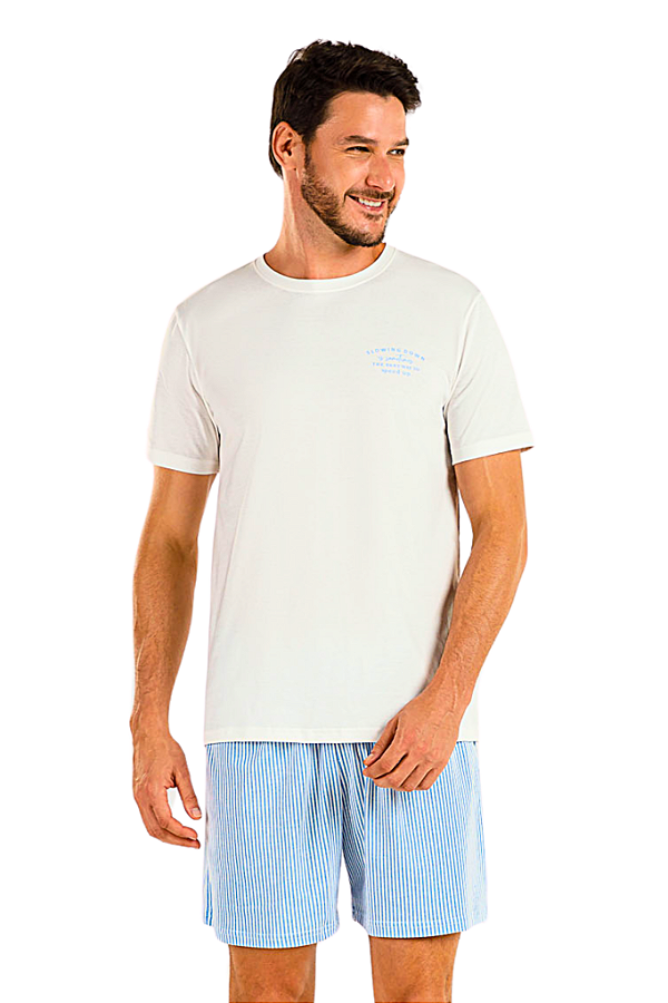 Pijama Masculino Adulto Manga Curta Branco Listrado Azul Cor Com Amor
