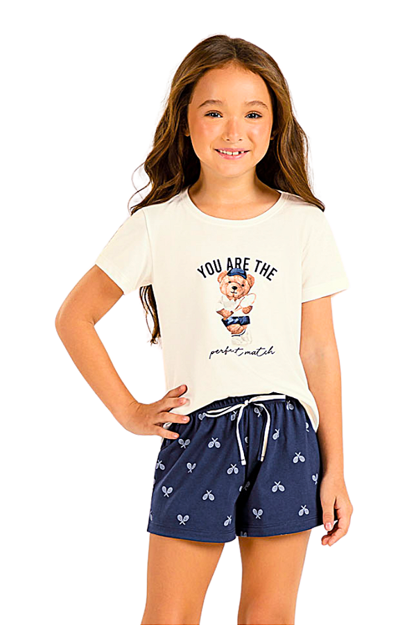 Pijama Menina Manga Curta Urso Tenista Cor Com Amor