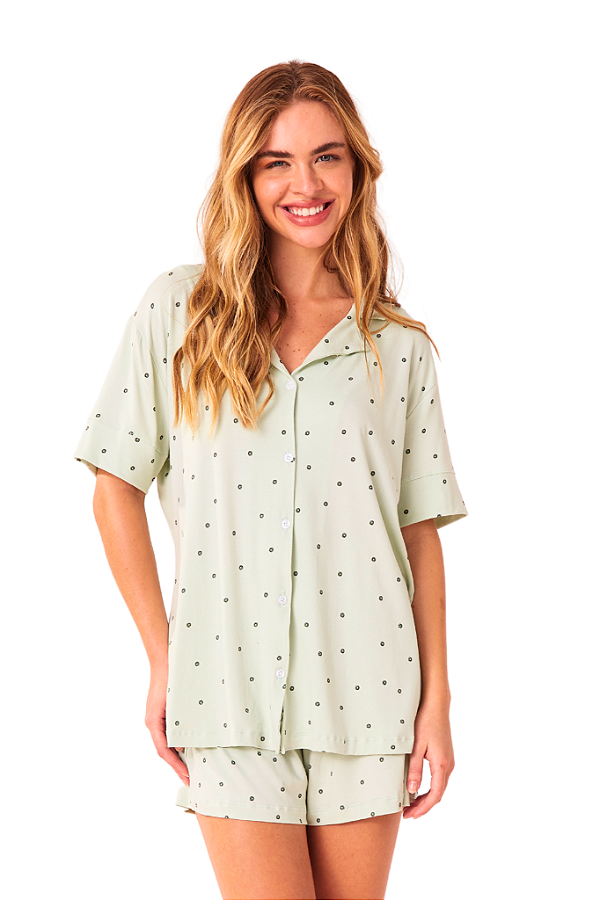 Pijama Camisaria Manga Curta VERDE POÁ Viscolycra Anna Kock Sleepwear