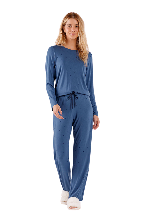 Pijama Adulto Manga Longa Azul Mini Estrelas Viscolycra Cor Com Amor