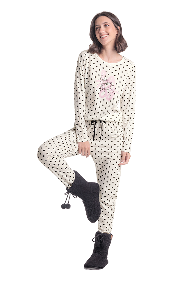 Pijama Adulto Feminino Manga Longa Branco Poás Pretos