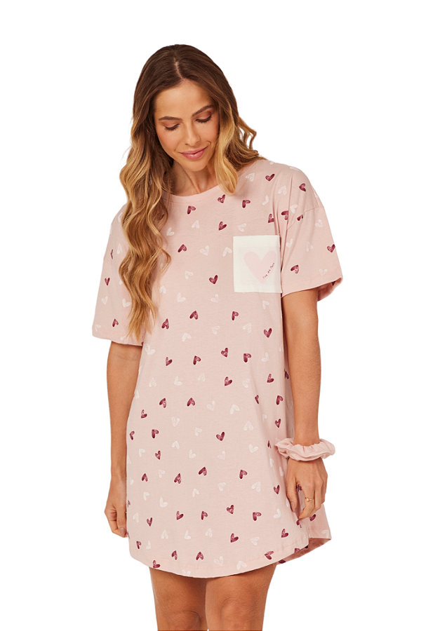 Camisola Adulto Manga Curta Rosa Coração Aquarelado Anna Kock Sleepwear
