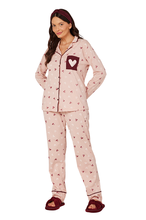 Pijama Camisaria Feminino Manga Longa Rosa Coração Aquarelado Anna Kock Sleepwear
