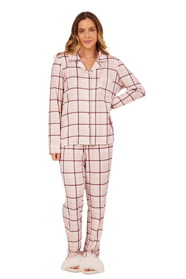 Pijama Camisaria Manga Longa Xadrez Rosa Bloom Vinho Anna Kock Sleepwear