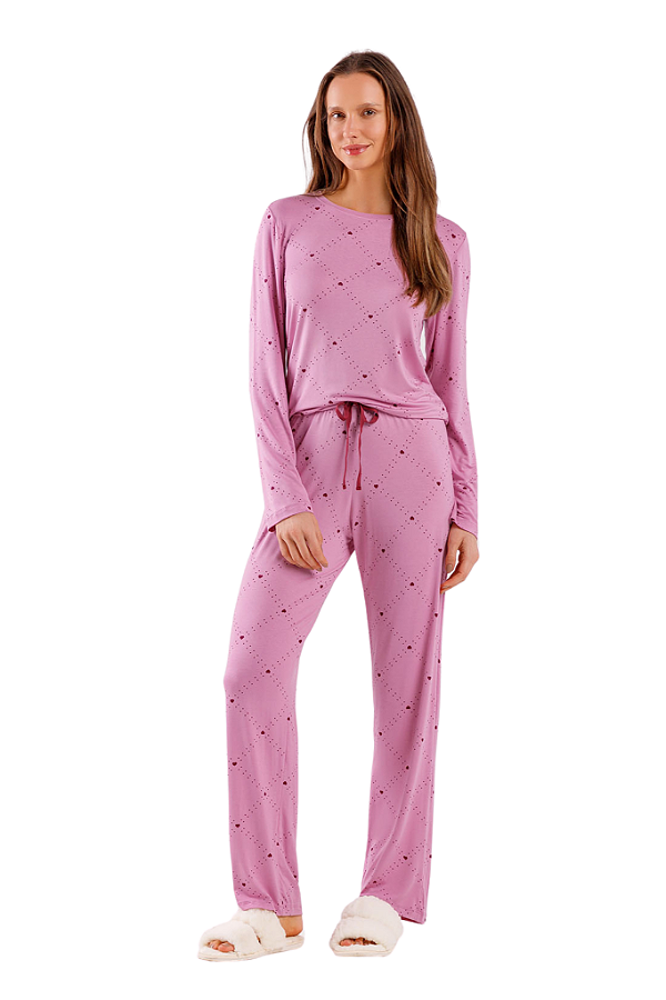 Pijama Adulto Manga Longa Rosa Xadrez Mini Corações Viscolycra Cor Com Amor
