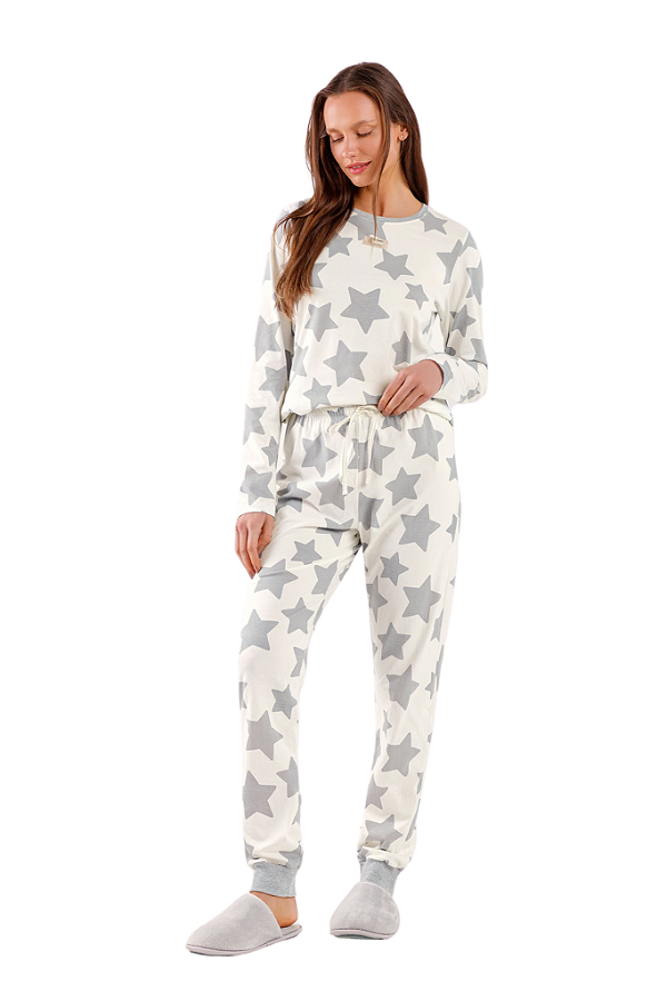 Pijama Adulto Manga Longa Maxi Estrelas Cinza Cor Com Amor