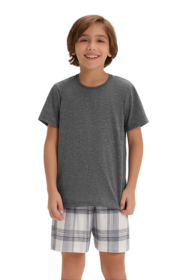 Pijama Menino Manga Curta Cinza Xadrez Cor Com Amor