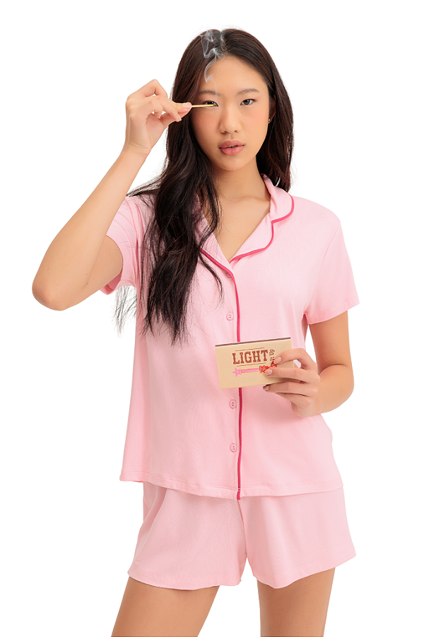 Pijama Camisaria Adulto Feminino Manga Curta Rosa Claro Viscolycra