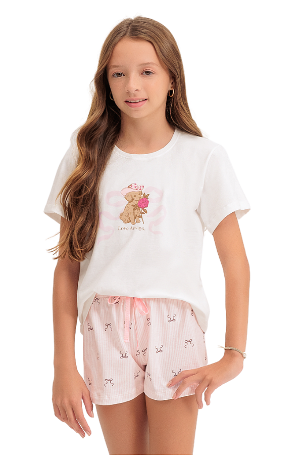 Pijama Menina Manga Curta com Shorts Rosa Cachorro Laços