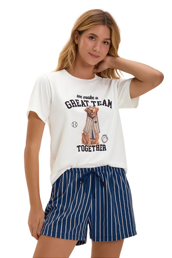 Shortdoll Adulto Manga Curta Golden Azul Listrado Cor Com Amor