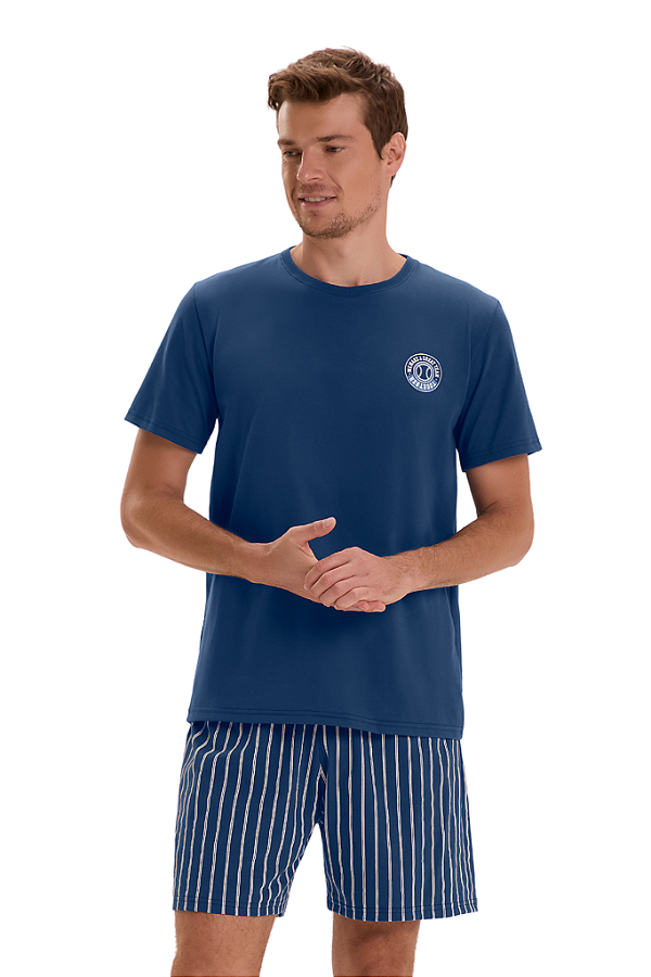 Pijama Masculino Adulto Manga Curta Azul Listrado  Cor Com Amor