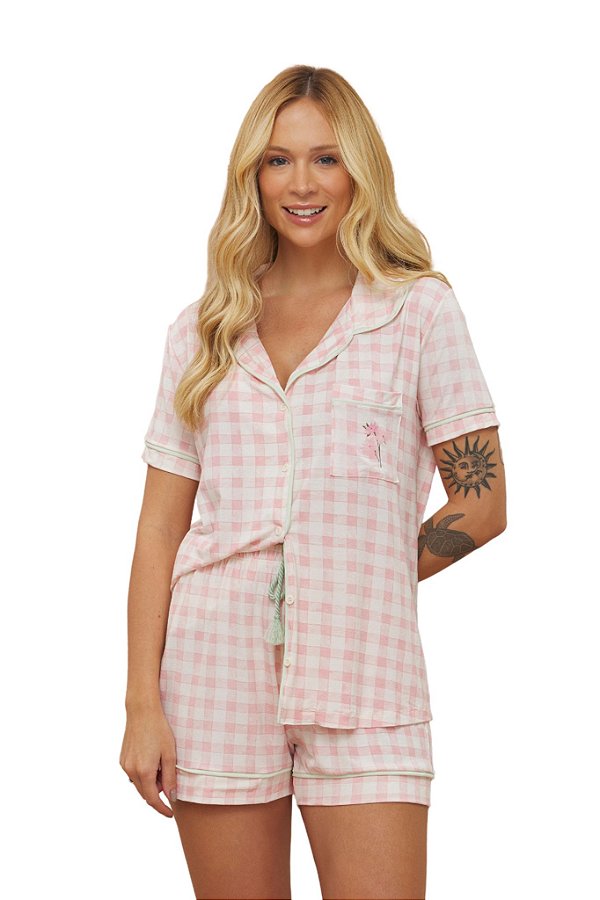 Pijama Camisaria Manga Curta VICHY ROSA Viscolycra Anna Kock Sleepwear