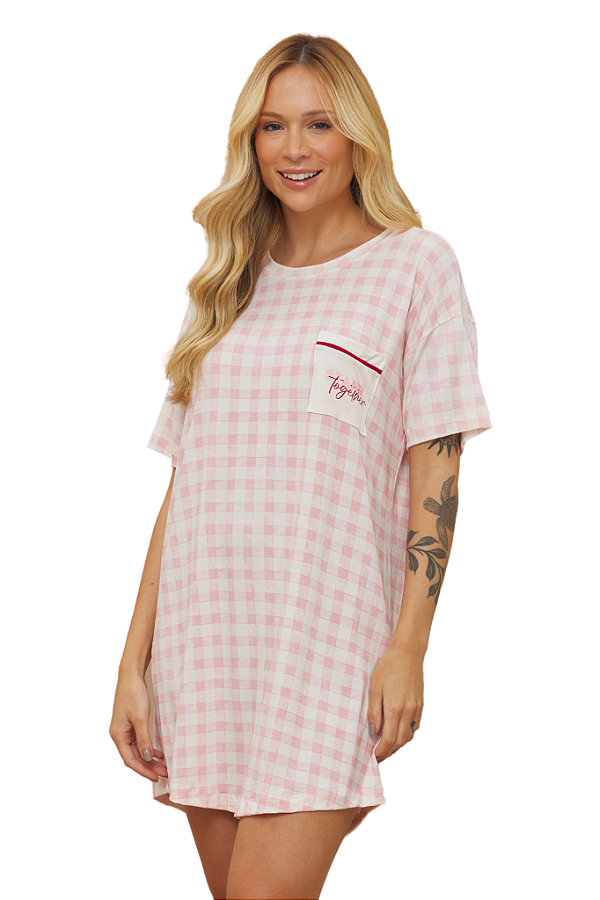 Camisola Adulto Manga Curta VICHY ROSA Anna Kock Sleepwear