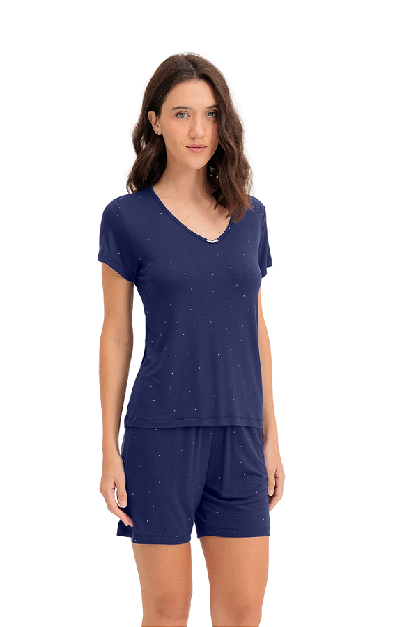 Pijama Adulto Feminino Manga Curta com Bermuda Marinho Poás Viscolycra