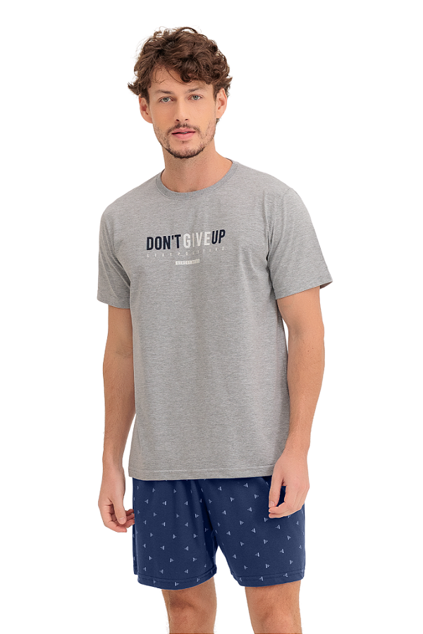 Pijama Masculino Adulto Manga Curta Mescla e Marinho