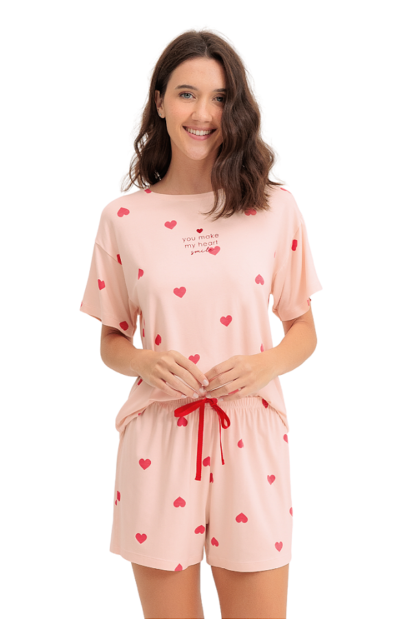 Pijama Adulto Feminino Manga Curta Salmão Corações Coral Viscolycra