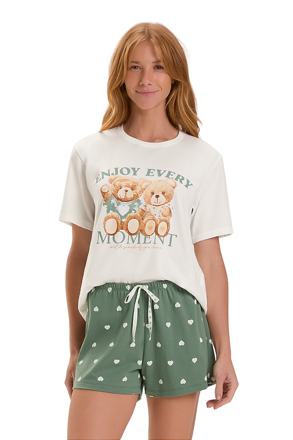 Shortdoll Adulto Manga Curta Urso Verde Corações Cor Com Amor