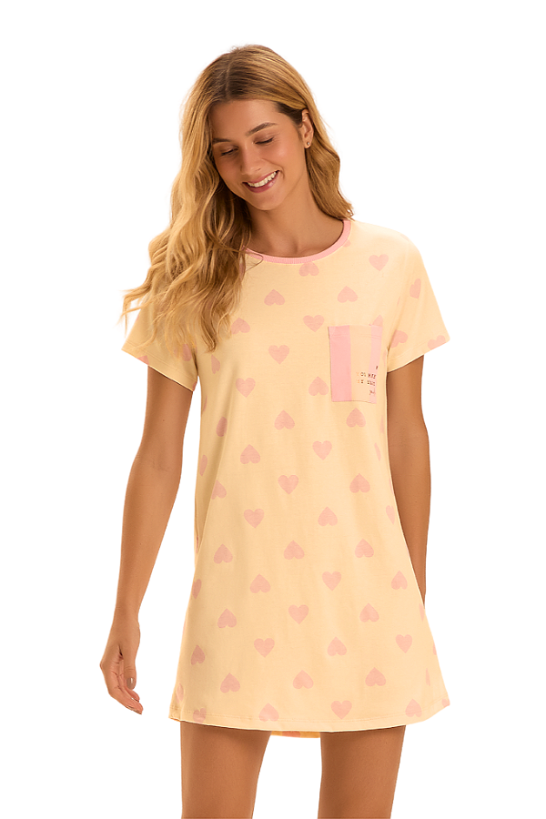 Camisola Adulto Manga Curta Amarelo Corações Rosa Cor Com Amor