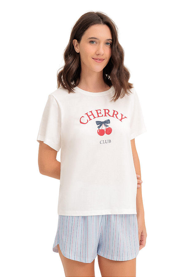 Pijama Adulto Feminino Manga Curta Cherry com Short Azul Claro Listrado