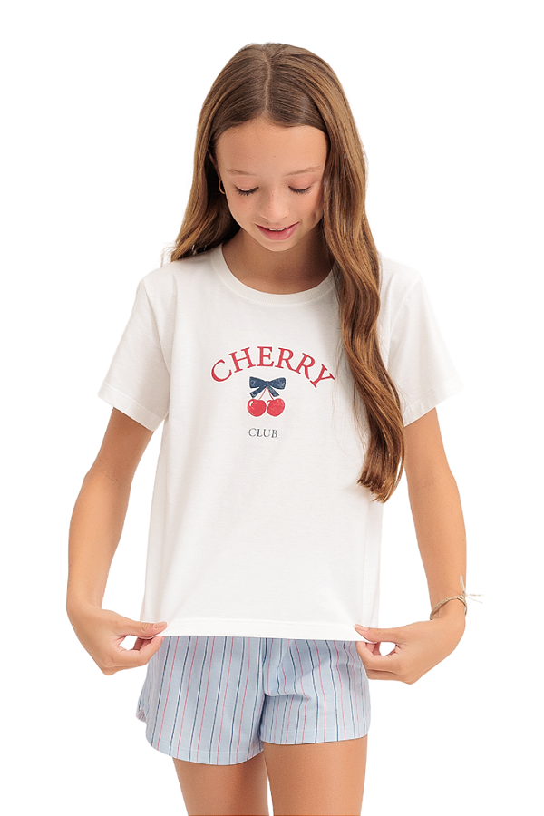 Pijama Menina Manga Curta Cherry com Shorts Azul Claro Listrado