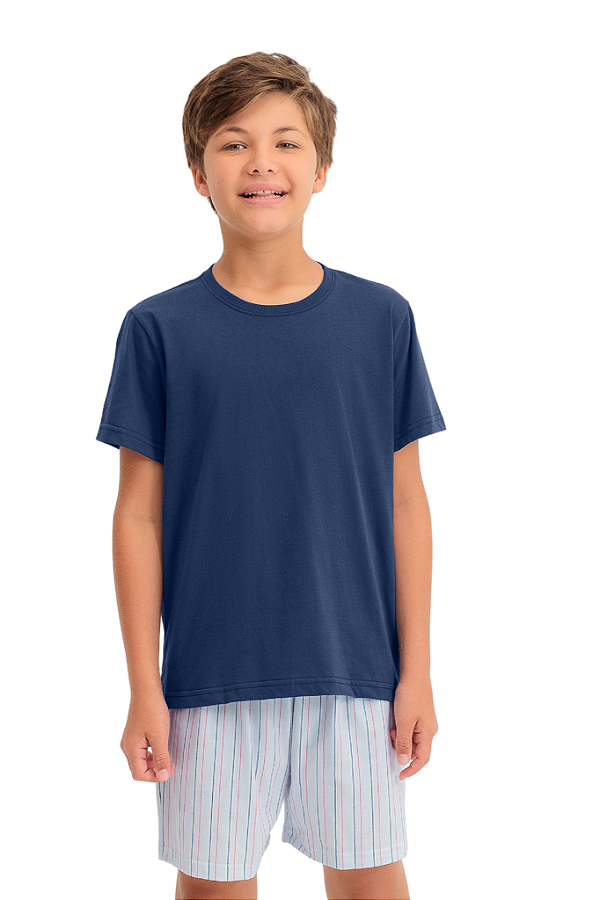 Pijama Menino Manga Curta Marinho com Short Azul Claro Listrado