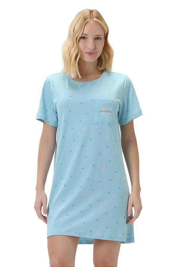 Camisola Adulto Manga Curta Azul Claro Corações Cor Com Amor