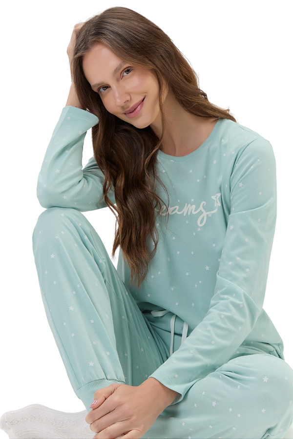 Pijama Adulto Manga Longa Azul Claro Mini Estrelas Dreams Cor Com Amor