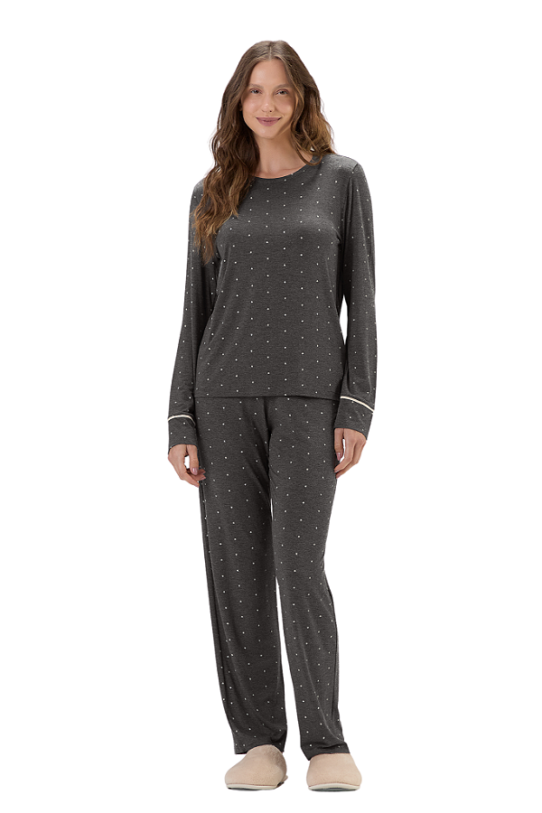 Pijama Adulto Manga Longa Cinza Chumbo Mini Estrelas Rosa Cor Com Amor