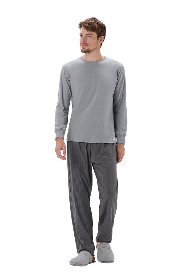 Pijama Masculino Adulto Manga Longa Cinza Calça Listrada Cor Com Amor