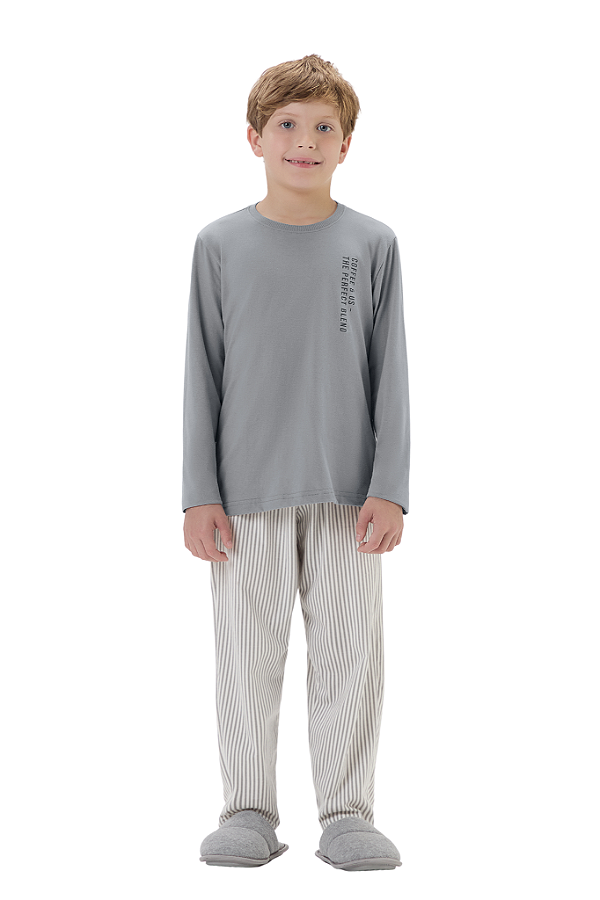 Pijama Menino Manga Longa Cinza Claro Calça Listrada com Branco Cor Com Amor