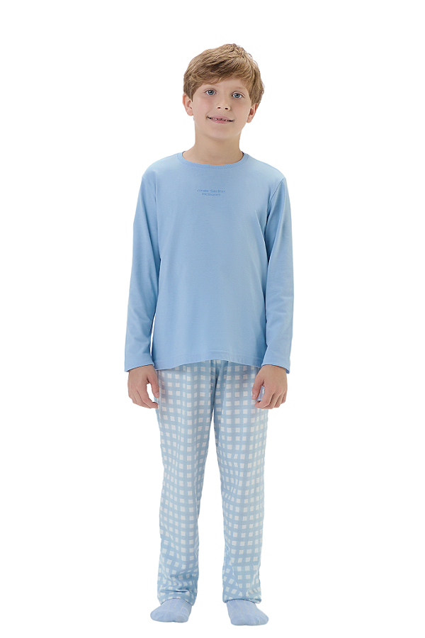 Pijama Menino Manga Longa Azul Mini Xadrez com Branco Cor Com Amor