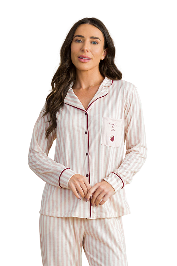 Pijama Camisaria Manga Longa Listra Rosa Detalhes Vinho Anna Kock Sleepwear