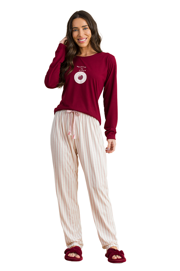 Pijama Feminino Manga Longa Vinho Calça Listra RosaAnna Kock Sleepwear