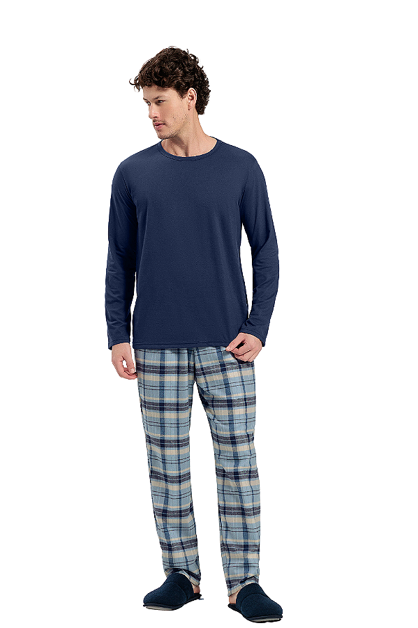 Pijama Masculino Adulto Manga Longa Azul Marinho Xadrez Flanela Algodão