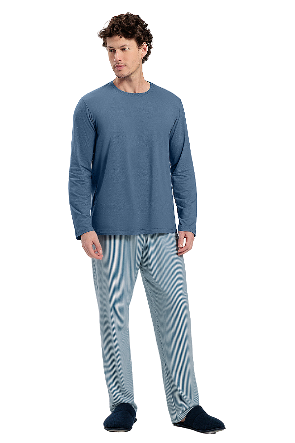 Pijama Masculino Adulto Manga Longa Azul Medio Listrado