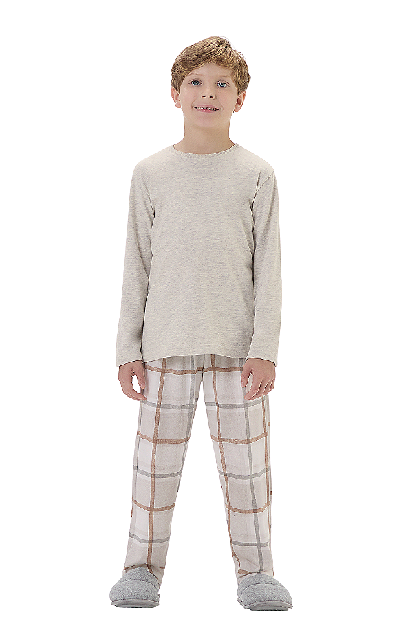 Pijama Menino Manga Longa Bege Xadrez Marrom Cor Com Amor