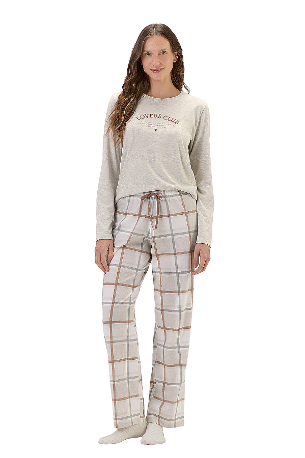 Pijama Feminino Adulto Manga Longa Bege Xadrez Marrom Cor Com Amor