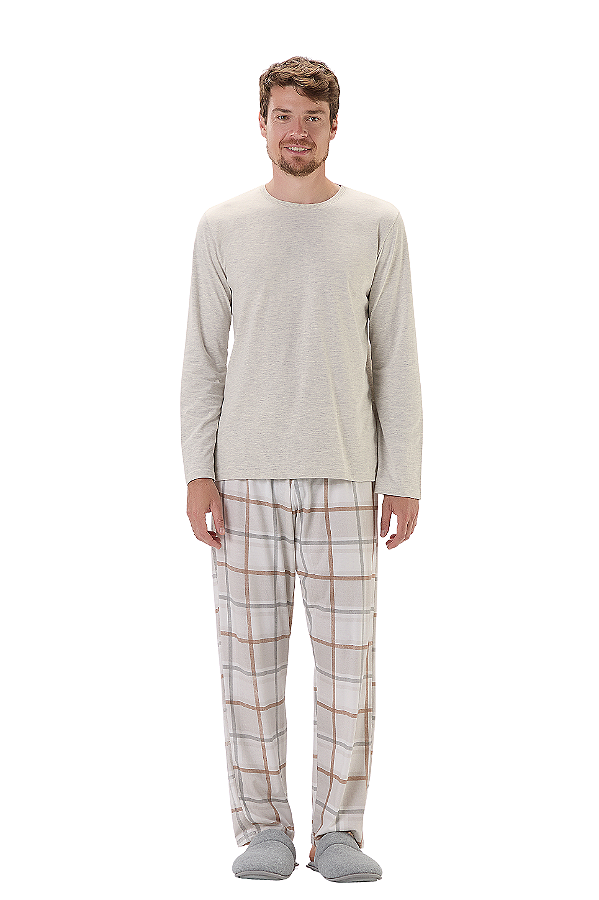 Pijama Masculino Adulto Manga Longa Bege Xadrez Marrom Cor Com Amor