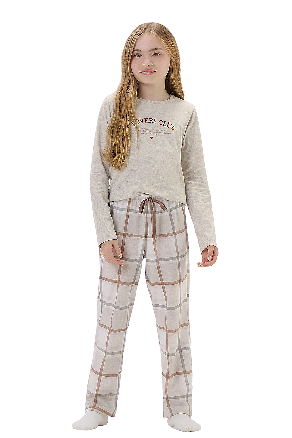 Pijama Menina Manga Longa Bege Xadrez Marrom Cor Com Amor