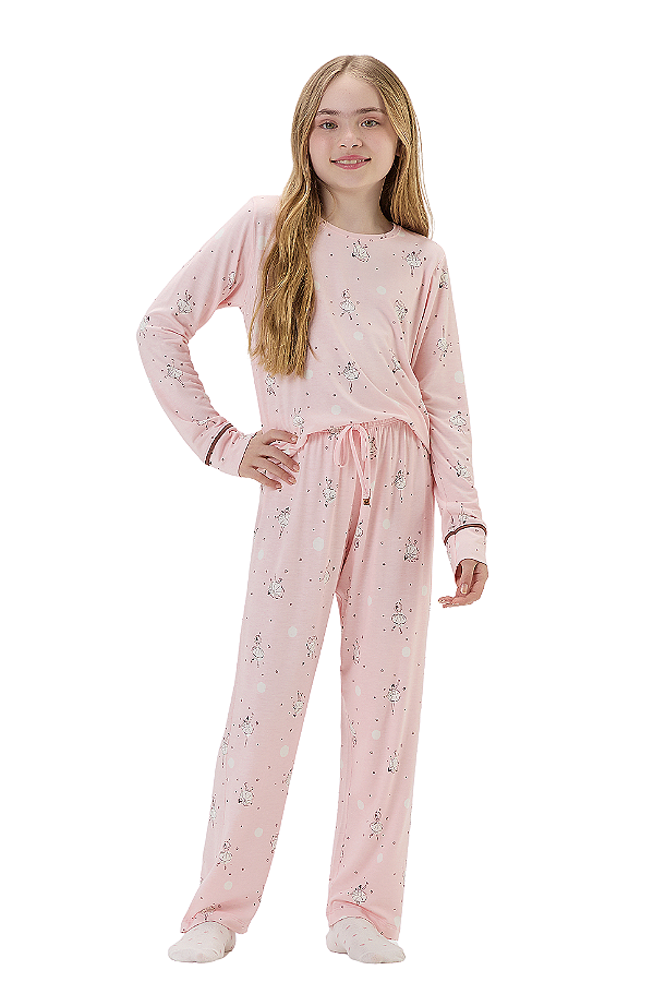 Pijama Menina Manga Longa Rosa Bailarinas Viscolycra Cor Com Amor