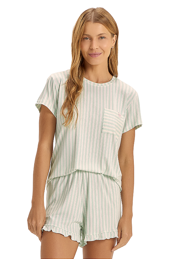 Pijama Feminino Manga Curta Listrado Verde Viscolycra Cor Com Amor