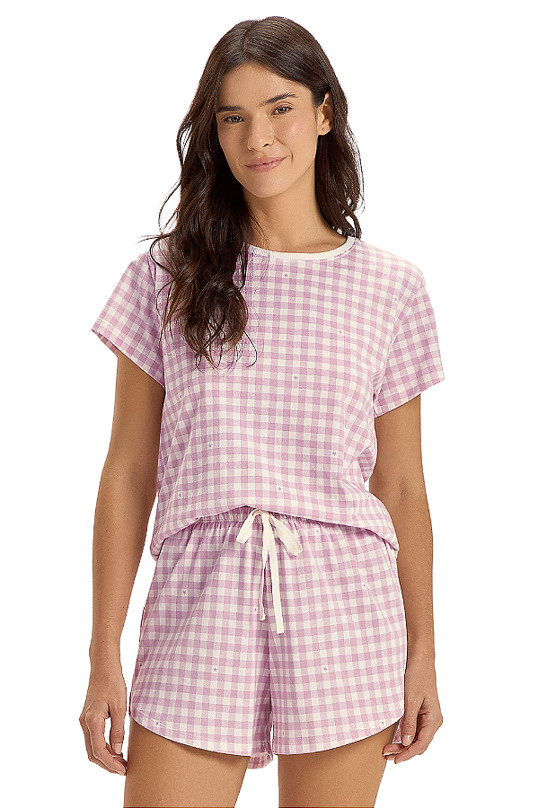 Pijama Feminino Manga Curta Vichy Estrelas Lilás Cor Com Amor