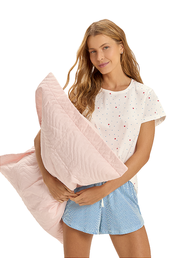 Pijama Feminino Manga Curta Blusa Corações Poás Vermelhos Short Listrado Azul Cor Com Amor