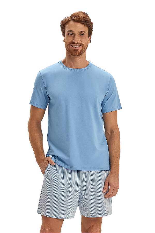 Pijama Masculino Adulto Manga Curta Azul Médio Listrado Cor Com Amor