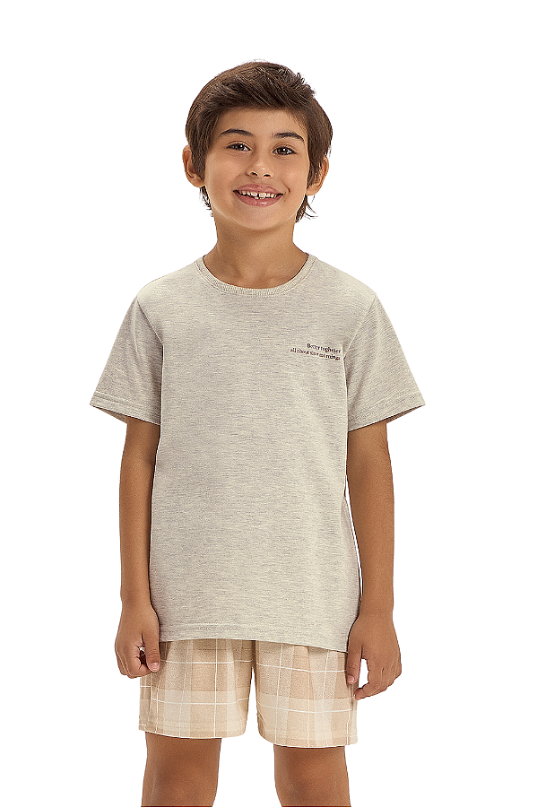 Pijama Menino Manga Curta Mescla Short Xadrez Marrom Cor Com Amor