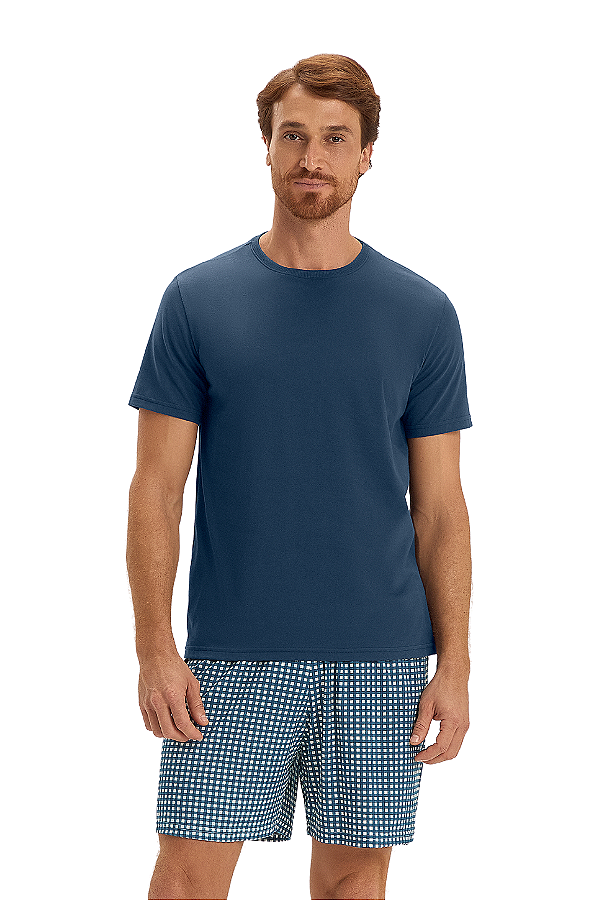Pijama Masculino Adulto Manga Curta Azul Marinho Vichy Cor Com Amor