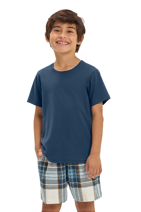 Pijama Menino Manga Curta Azul Marinho Maxi Xadrez Cor Com Amor